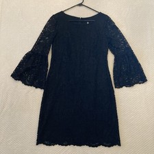 Nine West Women’s Size 6 Black Lace Overlay Sheath Dress Ruffle Bell Long Sleeve