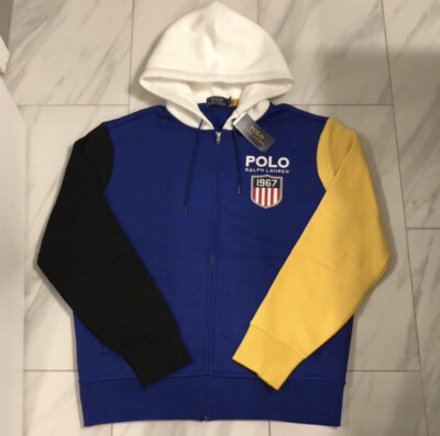 Polo Ralph Lauren Men's Full Zip Colorblock Hoodie Blue Yellow Polo Ralph Lauren Men's Full Zip Colorblock Hoodie Blue Yellow