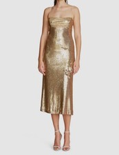 $495 Halston Women's Gold Metallic Sequin Ray Cutout Midi A-Line Dress Size 6