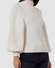 128 French Connection Women Ivory Sofia Balloon-Sleeve Rib Stitch Sweater Sz M