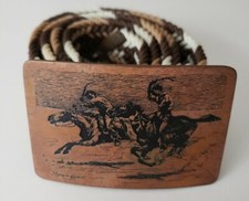 Western Belt Buckle SIGNED w/ Woven Belt Horses and Cowboys Vintage