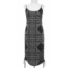 Y2K PrettyLittleThing Dress 6 Black White Paisley Cami Slip Ruched Sides Boho
