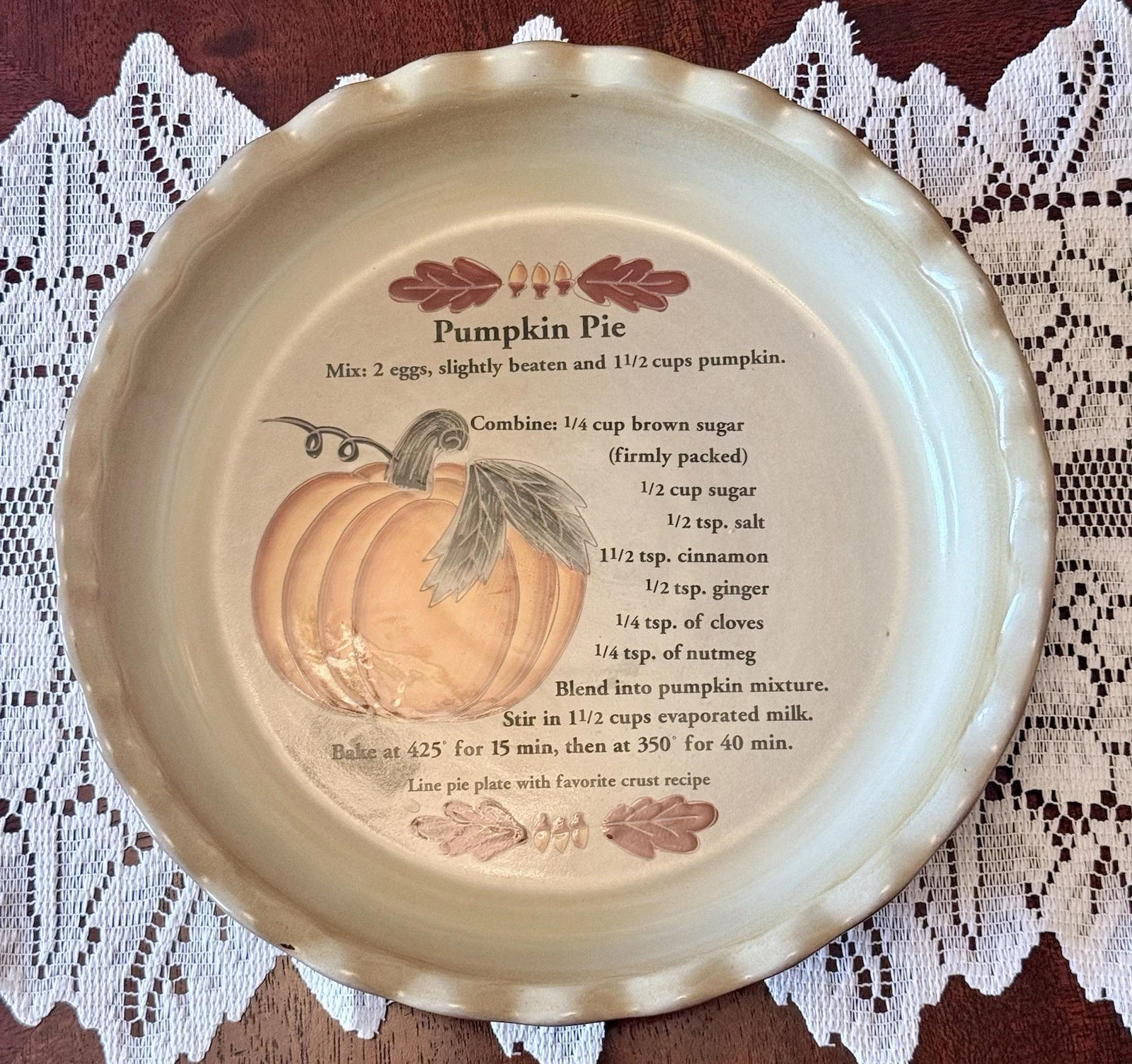 Vintage Harvest Pumpkin Pie Recipe Ceramic Pie Plate 12” Scalloped Harvest, 2004
Opens in a new wind