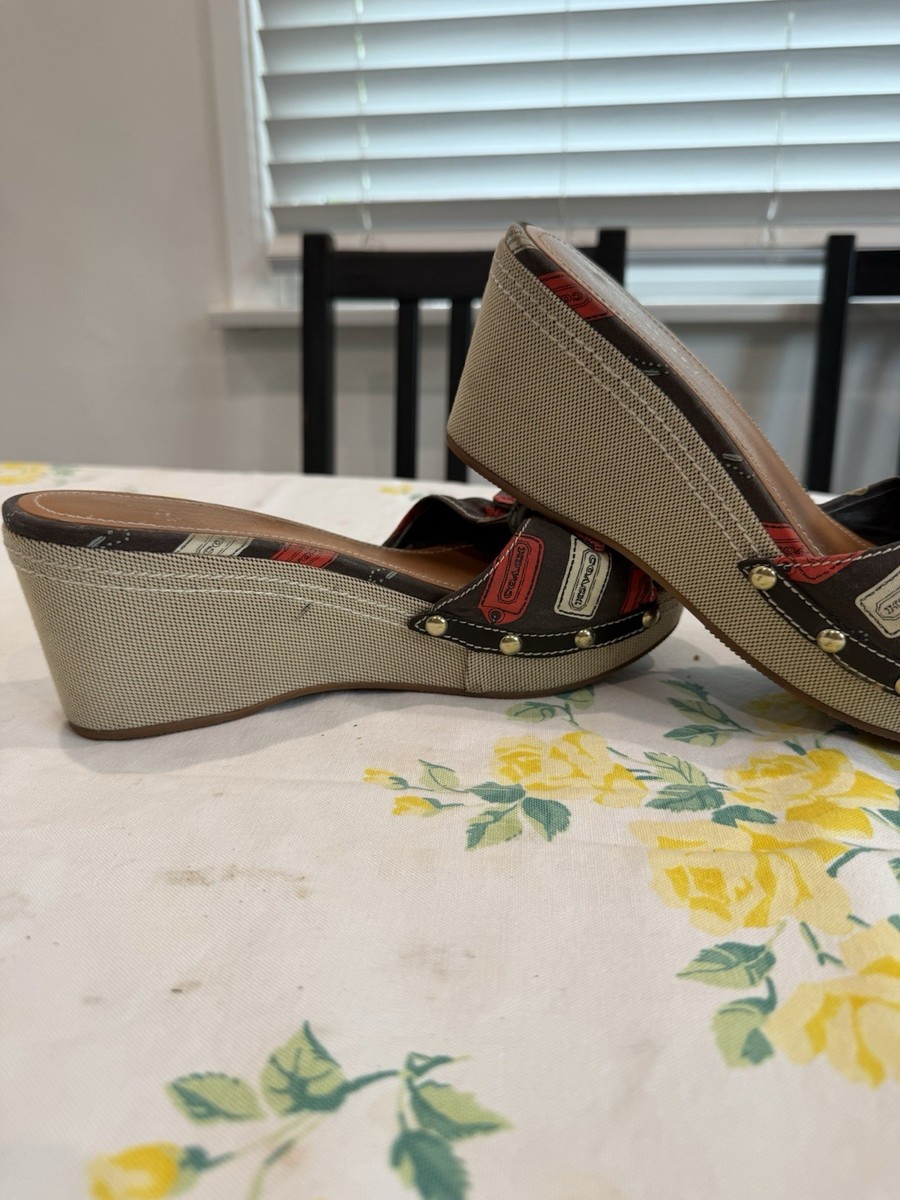 Coach Brown Logo Bow Studded Fabric Slide Wedge Sandals Women Slip