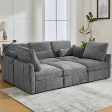 Modular Sofa 85.4" U-shaped Sofa Couch Sofa Bed w Movable Ottoman USB Ports Grey
