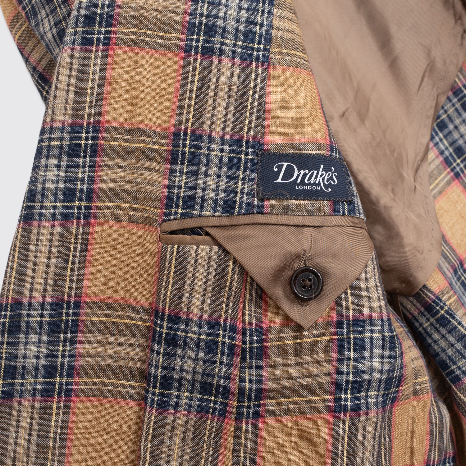 Drake's London Linen Sport Coat Size EU48 Tan Navy Blue Plaid Made in Italy