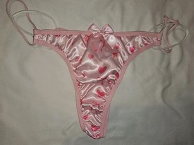 Vintage Satin Pink Heart String Thong Panties. Size Large