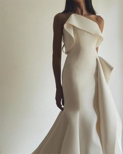 White Ruched A-line Strapless Satin Mermaid Wedding Dresses Sweep Train