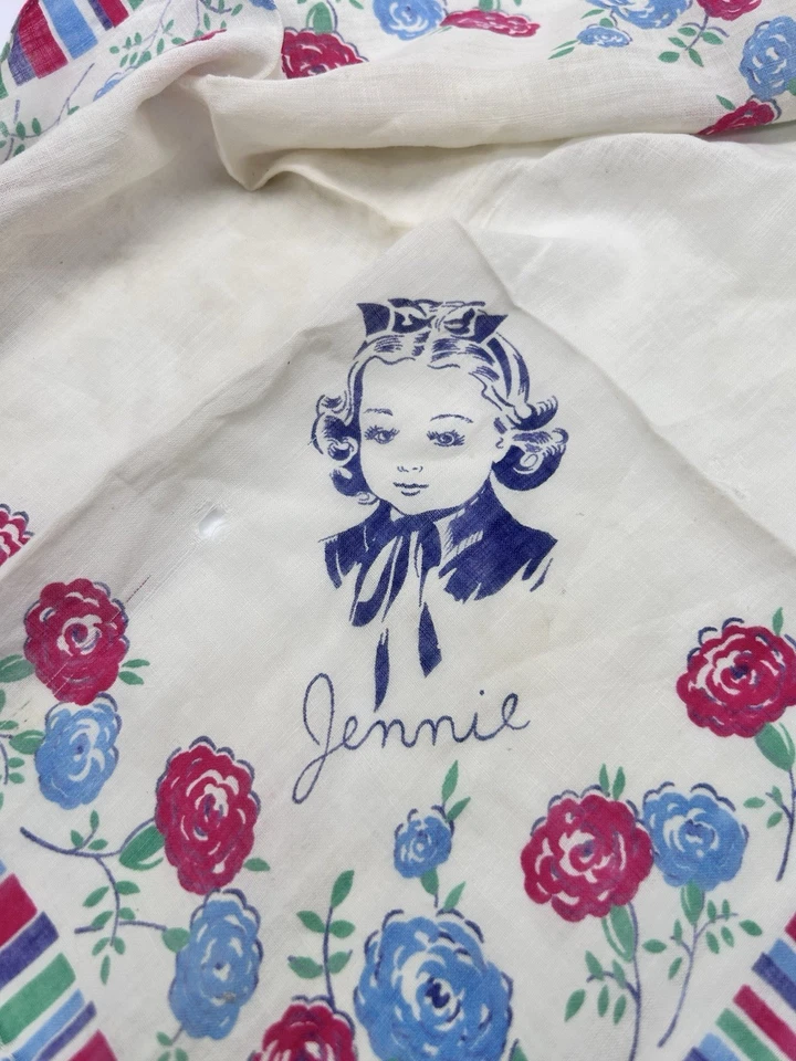Pañuelo antiguo para dama nombre Jennie años 40’s 12x12 floral Foto 3 de 4