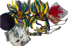 Mardi Gras Extravagant Feather Masks And Bead Lot 4 Masks Plus Purple Hat