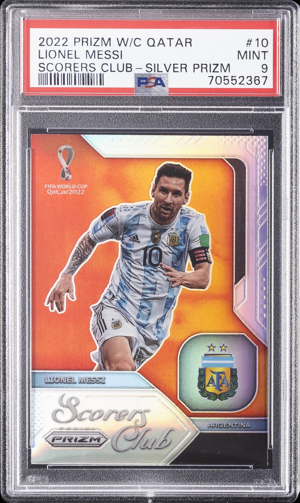 2022 PANINI PRIZM WORLD CUP QATAR SCORERS CLUB SILVER PRIZM LIONEL MESSI PSA 9