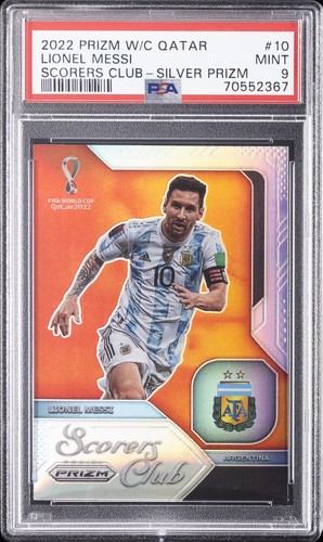 2022 PANINI PRIZM WORLD CUP QATAR SCORERS CLUB SILVER PRIZM LIONEL MESSI PSA 9