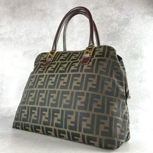 FENDI Zucca Handbag Gold Hardware Leather/Nylon Brown 0099495K Authentic
