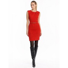 Tahari Red Orange Textured Sheath Dress Gold Waist Detail Size 12