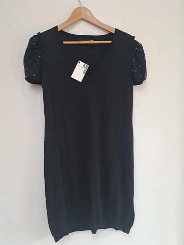 Abito Boutique Love Moschino nero pizzo manica corta jersey UK 14 nuovo con etichette
