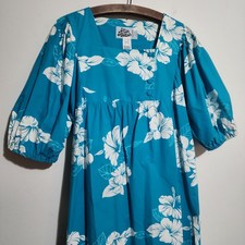 Vtg Hilo Hattie Maxi Muumuu Dress M 100 Cotton Blue Floral Puff Sleeve Pocket