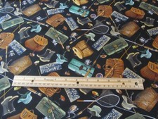 Black Gone Fishing Tackle and Equipment Cotton Fabric BTY