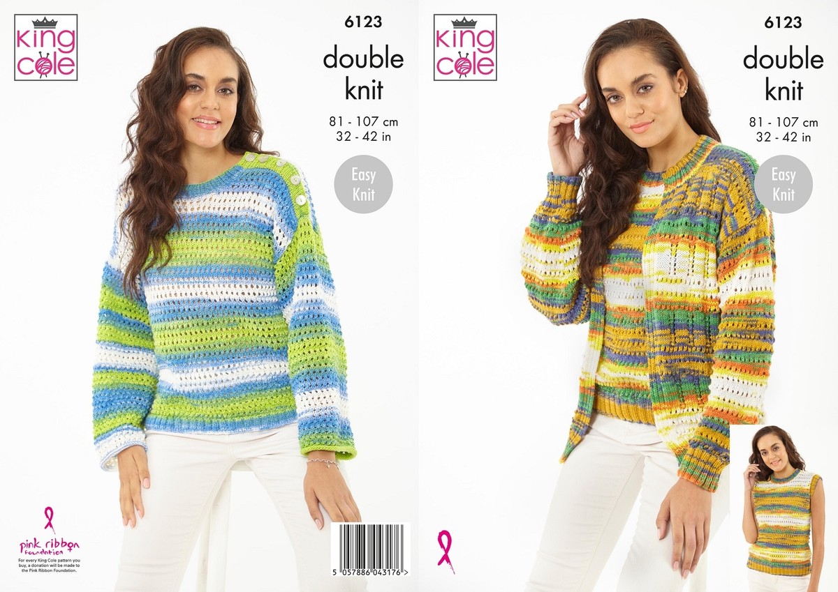 King Cole Ladies Easy Knit Sweater, Cardigan & Tank Top Knitting Pattern 6123 - Double Knit King Cole Ladies Easy Knit Sweater, Cardigan & Tank Top Knitting Pattern 6123 - Double Knit