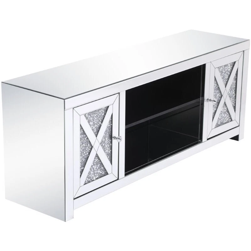 Elegante Decoración Moderna 2 Puertas 59" Cristal Plateado Transparente Espejo Soporte TV Foto 3 de 4