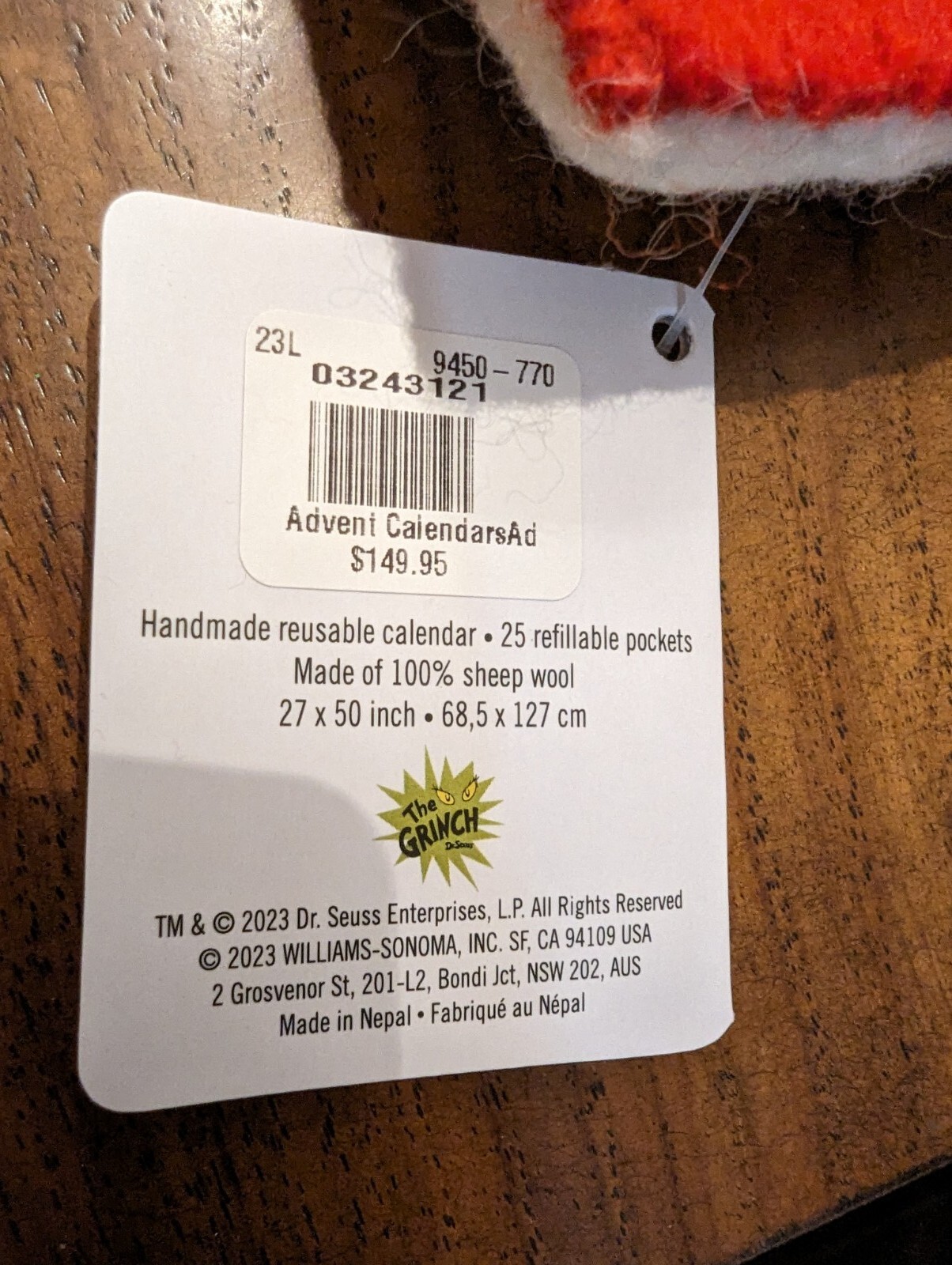 WILLIAMS-SONOMA The Grinch™ Felt Advent Calendar-NWT - Parking Permit  Management