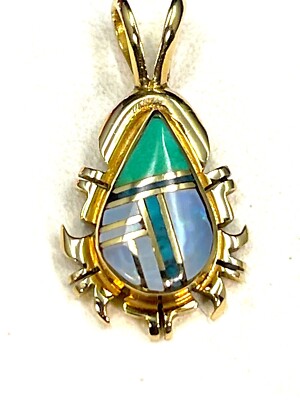 ADAM FIERO 14K YELLOW GOLD INLAY BOULDER OPAL TURQUOISE STONE NAVAJO PENDANT