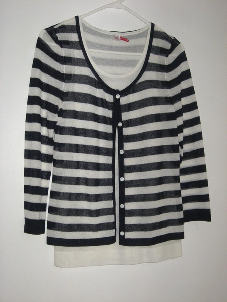 TABLE EIGHT NAVY+WHITE STRIPED 3/4 SLEEVE CARDIGAN+MATCHING WHITE TOP SIZE XS
