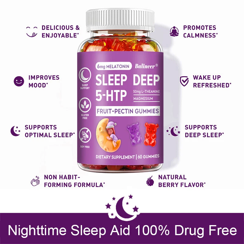 5-HTP 30 A 60 gomas profundas para dormir, suporte para sono e estresse, reduzir o estresse NOVO - Imagem 3 de 4