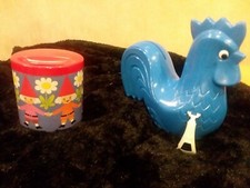 Two Vintage Coin Banks. Blue Volksbank Chicken Germany & West Germany bank