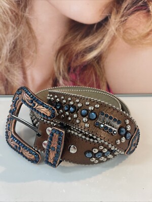 b b simon gürtel Strass Blau Leder Beige