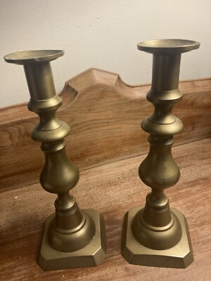 Beautiful Matching pair of Pear Drop Antique Georgian Brass Candlesticks Stamped