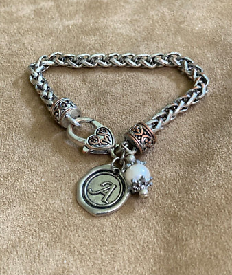 Mixed Metal Chain Bracelet Ornate Ends & Closure 2 Charms Initial  A   C43-39