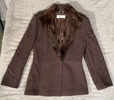 Vintage MAX MARA Pianoforte Brown Wool Size 8 Coat Fur Trim ITALY Mid-Length