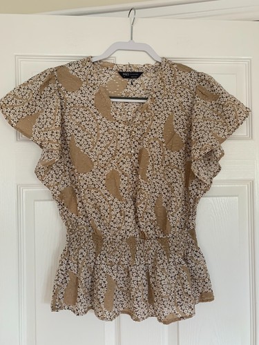 M&S COLLECTION COTTON NEUTRAL DITSY FLORAL TOP TEXTURED DOT UK 8 NWT