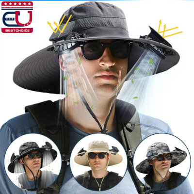 Wide Brim Outdoor Fishing Hat with 2 Solar Fan Bucket Cap UV Protection Unisex