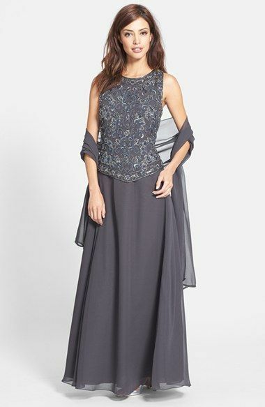 JKara Womens Gray Beaded Gown and Scarf 