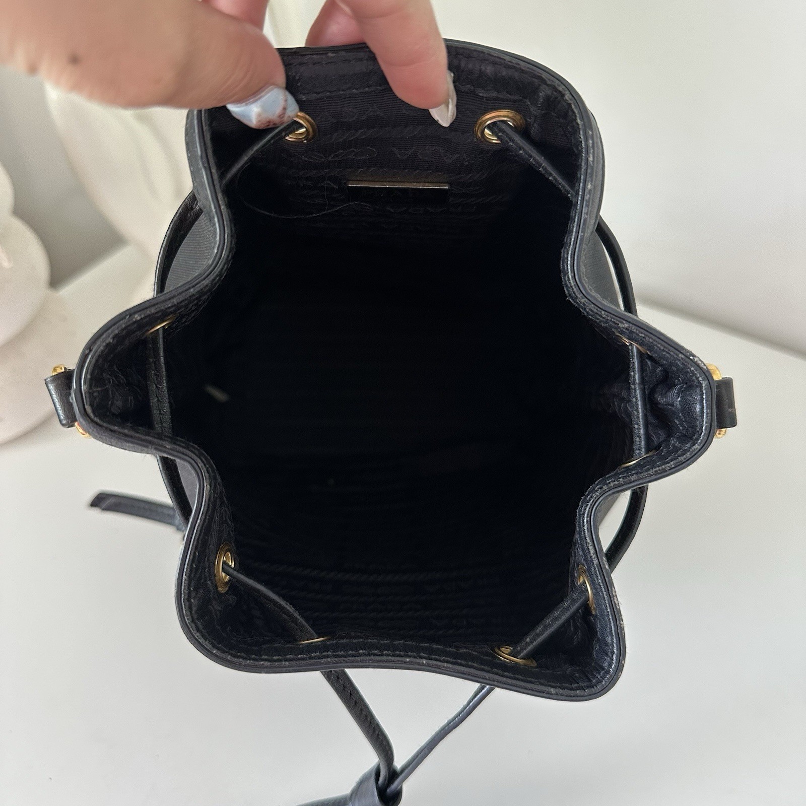 PRADA Logo Jacquard Ribbon Canvas Bucket Shoulder Crossbody Black Bag thumbnail 11