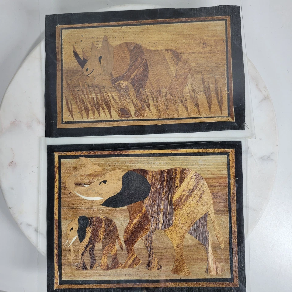 Arte de pared safari sin marco pintura de elefante y rinoceronte hoja de plátano vintage Foto 4 de 4
