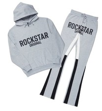 RockStar Original Heather Grey/Black Graphic Hoodie Stacked Flare Track Suit