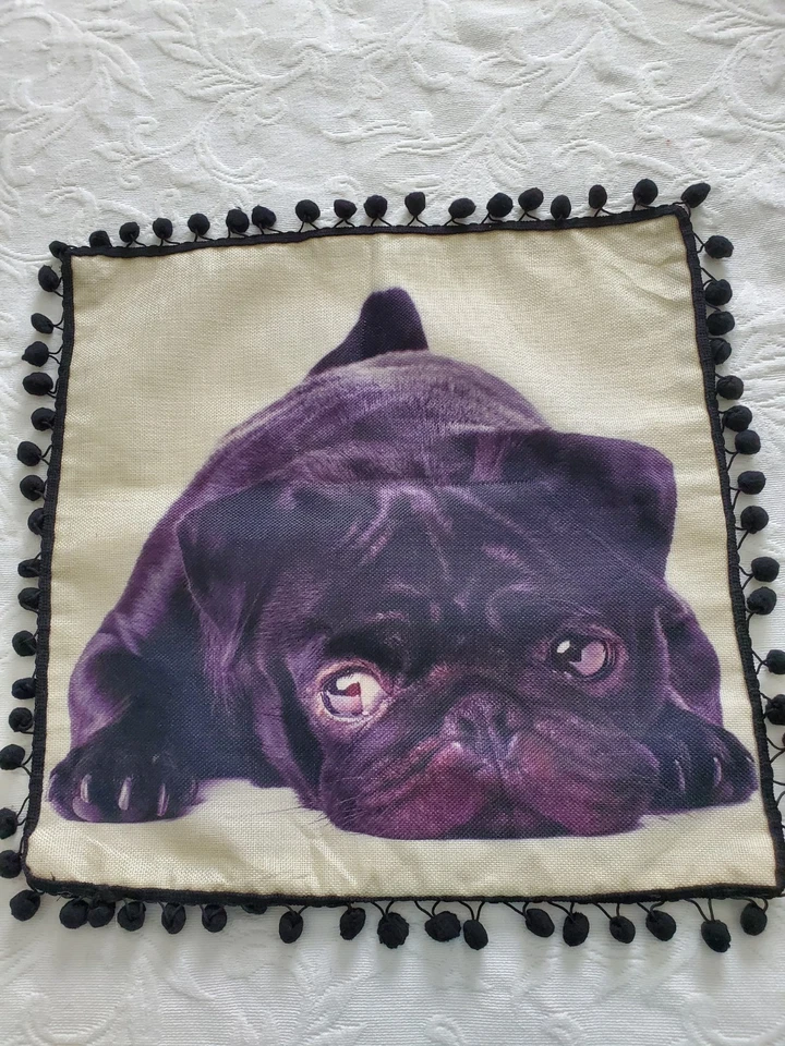 2 Cute Bulldog Pug Puppies Decorative Pillow Cover 17 X 17" Black Pom- Pom Trim - Image 3 of 4