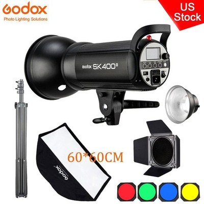 US Godox SK400II 400Ws Studio Flash Strobe+Barndoor+60*60cm Softbox 2m Stand Kit