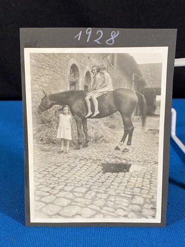 Girls Riding Horse Eating Hay Antique 1928 Photo Lt#1