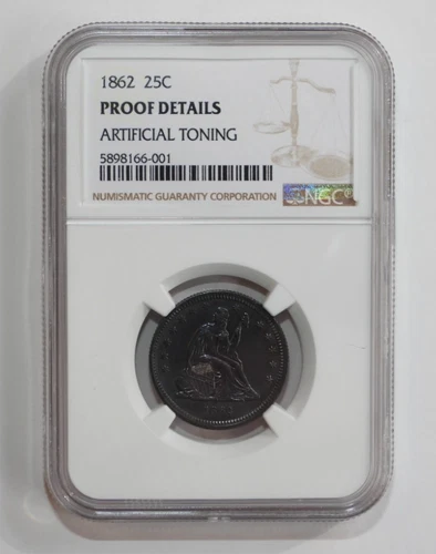 1862 P Seated Liberty Silver Quarter NGC Proof Details Artificial Toning