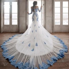 Blue Mermaid Long Wedding Dresses with Sleeves Applique Lace Chapel Train Custom