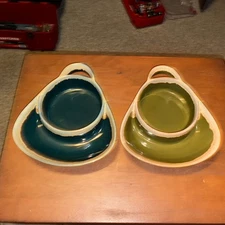 Pair Of Stoneware Drip Glaze Soup Cracker Chip Dip Bowl Sectioned Roe & Moe LLC