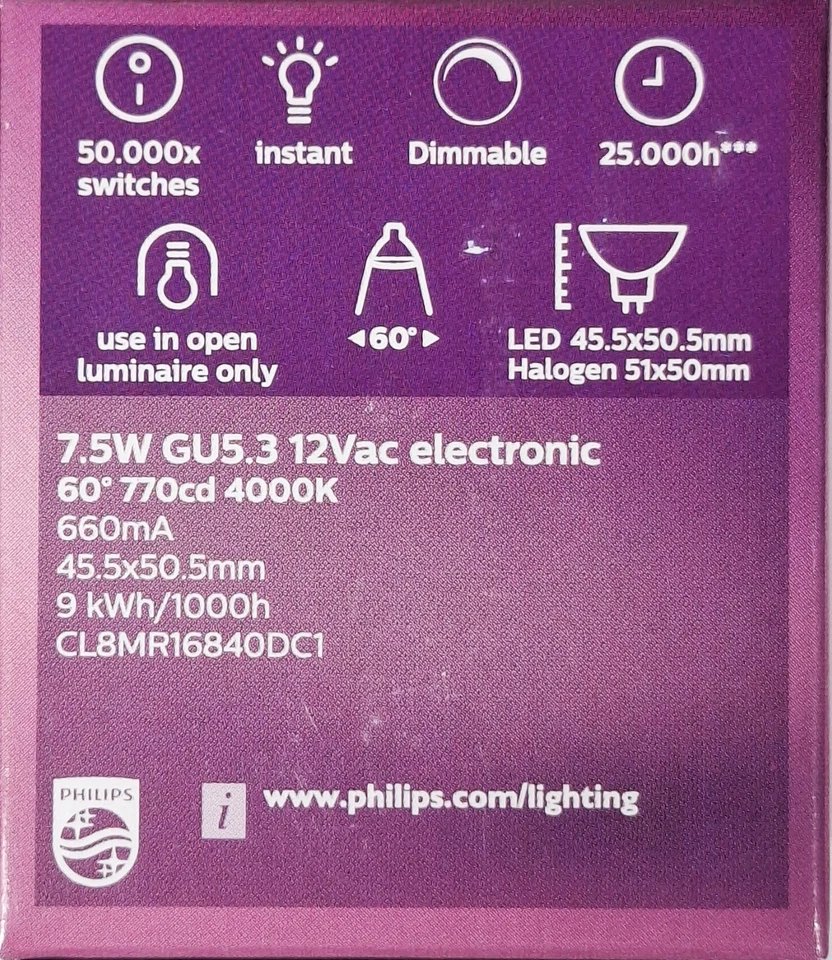 6 x PHILIPS 7.5W DIMMABLE LED MR16 Gu5.3 Light Globes Bulbs Cool White 4000K 12V - Image 3 of 3