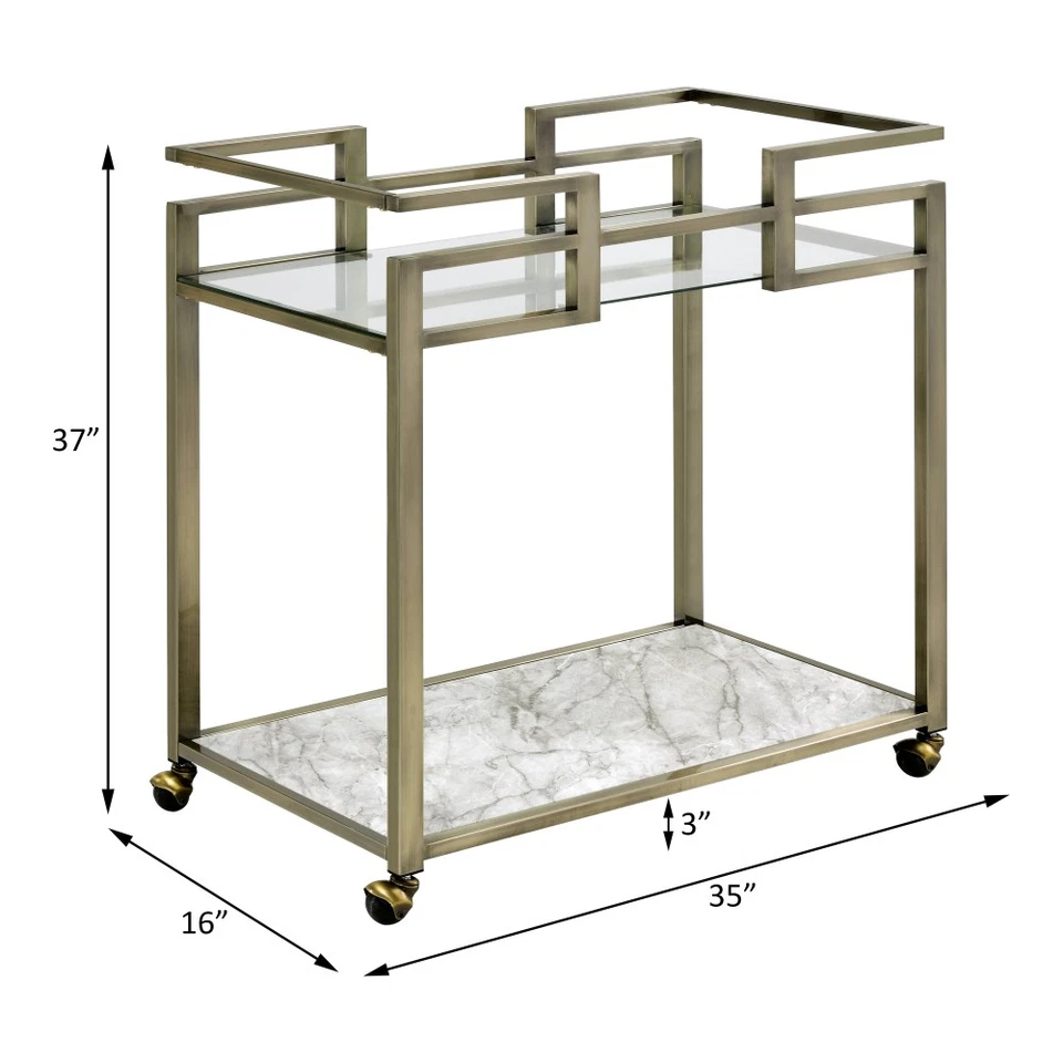 Neilo Brass-Accent Serving Cart Clear Glass Faux Marble Top - Image 2 of 4