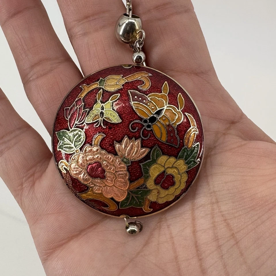 Collar Colgante Vintage Cloisonné Esmalte Rojo Floral Mariposa Asiática Boho Foto 2 de 4