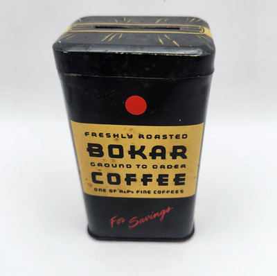 VINTAGE BOKAR COFFEE TIN LITHO ADVERTISING BANK CAN RECTANGLE
