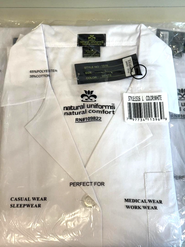 3) WOMANS FULL LENGTH LAB COAT REAR BELT SIZE L NATURAL UNIFORM 65POLY/35COT NWT - Image 2 of 4