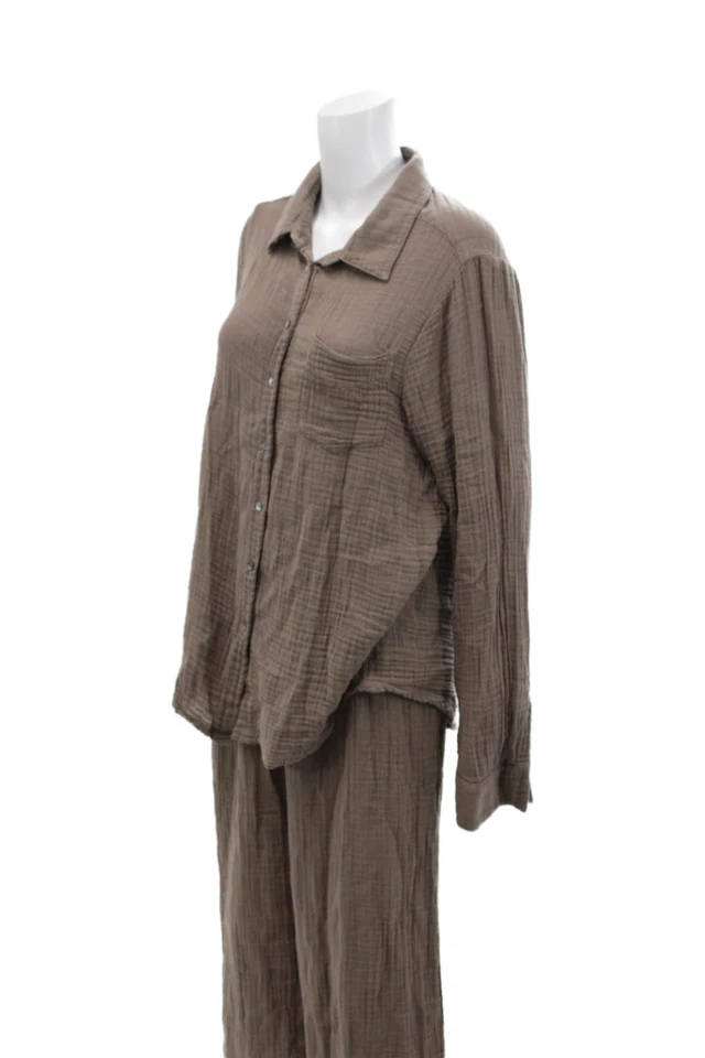 Conjunto de pantalón camisa con botones Michael Stars para mujer adoquín marrón algodón talla La Foto 3 de 4